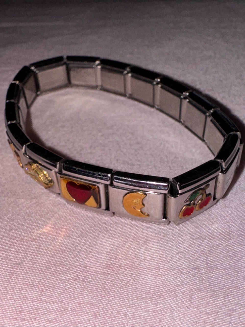 Stainless Steel Charm Stretch Bracelet with Red & Gold Enamel Accents